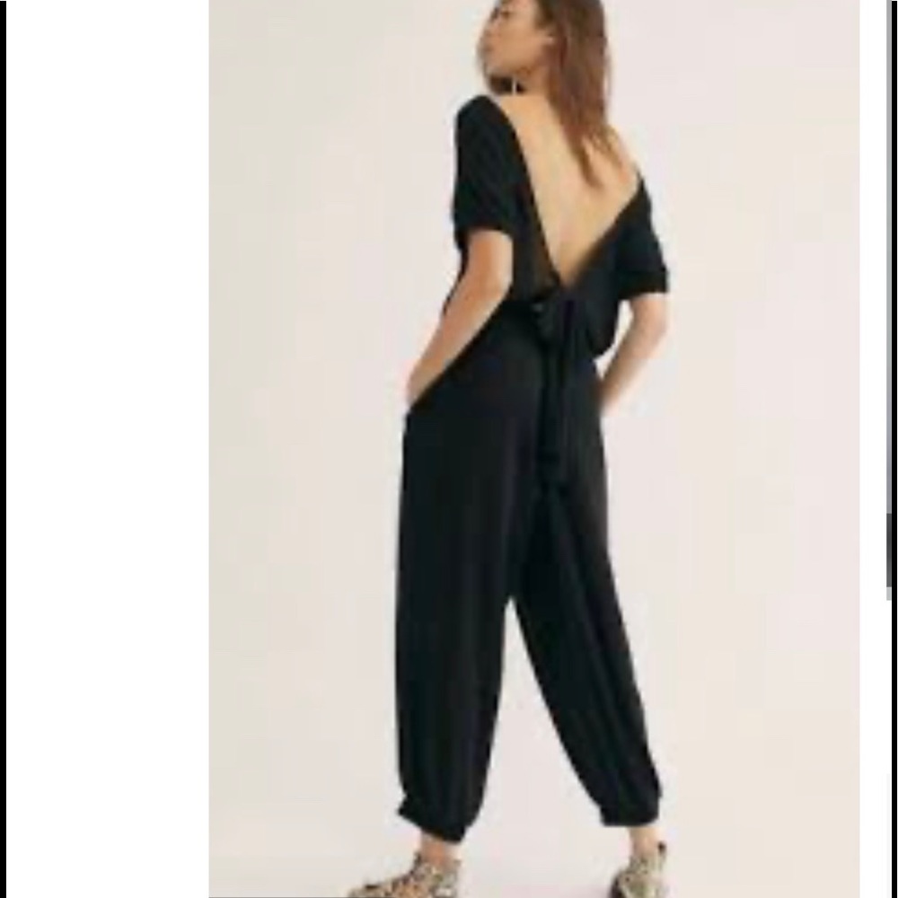 Free People FP Beach Jumpsuit Ribbed Open Back Linen Blend Black Size XS